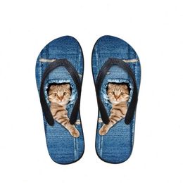 Mignon personnalisé pour animaux dez en denim chat imprimé femmes pantoufles de plage d'été tongs en caoutchouc flip fashion filles cowboy sandales bleues chaussures 43si # f14d