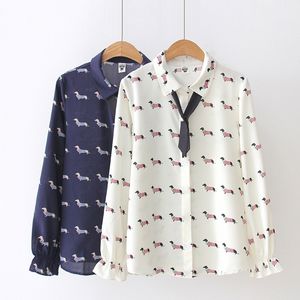 Lindo Dachshund Imprimir Mujer Blusa Camisa de gasa Estilo preppy Impresión de perro Cuello vuelto Bowtie Flare Manga Primavera Otoño T83701 201022