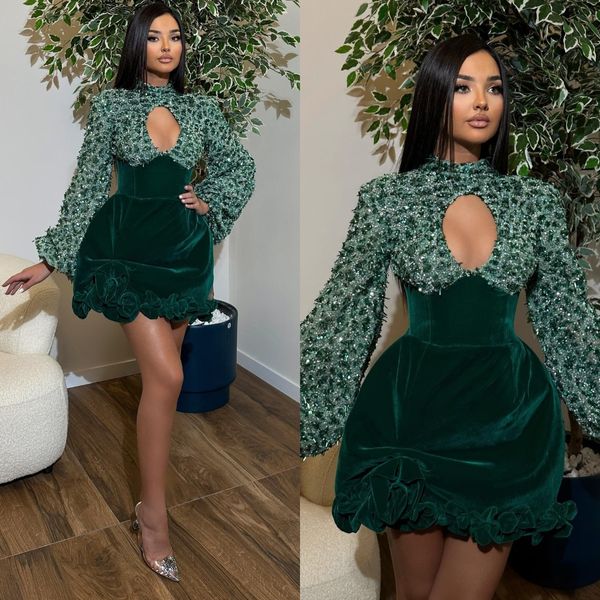 Jolie robe de cocktail vert foncé paillettes col haut trou de serrure manches longues robes de bal courtes volants mini fête retour robe d'occasion spéciale