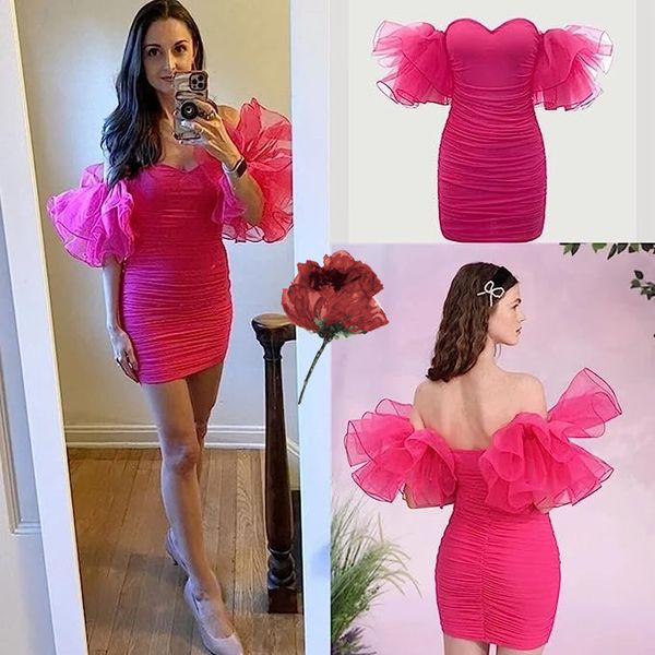 Lindos vestidos de fiesta de color rosa oscuro Cariño mangas julieta Volantes sin espalda Mini cóctel Vestidos de fiesta Vestido de fiesta de noche árabe para mujer