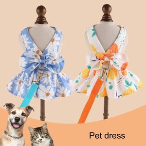 Schattige hondenjurk zomer buitenactiviteiten en riem set met bowknot decoratie pet cat prinses jurk voor lente 240416