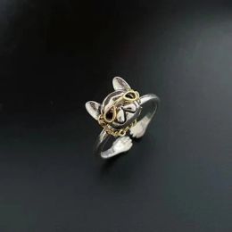 Schattige hond met zonnebril 14K gouden ring punk Franse bulldog draagt kettingglazen open vingerkring sieraden coole decoratie voor mannen vrouwen