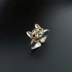 Leuke Hond met Zonnebril 14K Gouden Ring Punk Franse Bulldog Dragen Ketting Bril Open Vinger Ring Sieraden Cool Decoratie voor Mannen Vrouwen