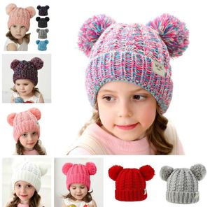 Cute Double Fur Ball Hats Baby Girls Knit Cap Kid Crochet Pom Pom Beanies Hat Children Knit Outdoor Caps Kids Accessories 13 Colors