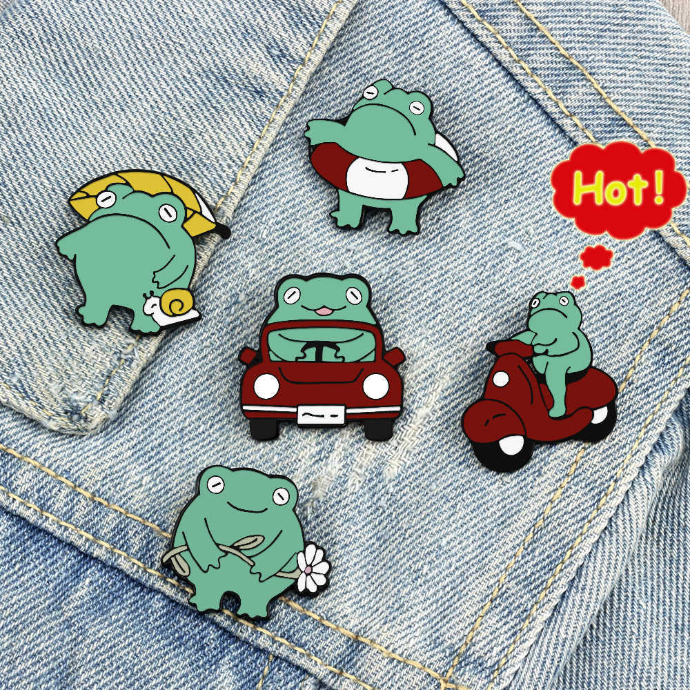 Leuke Driver Kikker Broches voor Kids Cartoon Funny Animal Froggy Emaille Pins Rugzak Denim Revers Pin Kinderen Badge Sieraden geschenken