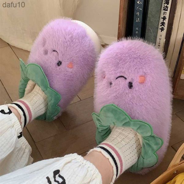 Mignon aubergine tomate moelleux fourrure pantoufles femmes hiver chaud fermé en peluche maison pantoufles Kawaii plat épais plate-forme diapositives chaussures L230704