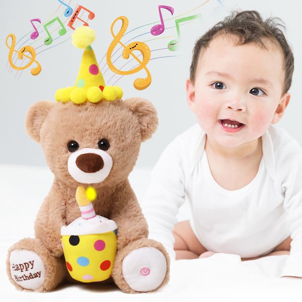Lindo eléctrico cantar Feliz cumpleaños oso de peluche juguete cantar y soplar velas Electroni perro peluche juguete para regalo para niños