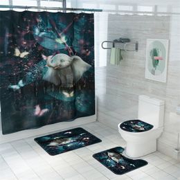 Schattige olifant stoffen douche gordijnen badkamer gordijn anti-skid voetstuk tapijten tapijt toilet deksel deksel bad mat 220429