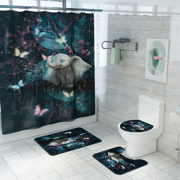 Mignon éléphant tissu rideaux de douche salle de bain rideau anti-dérapant piédestal tapis tapis toilette couvercle couverture tapis de bain 220429