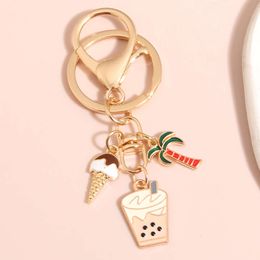 Schattige email Keychain Ice Cream Coconut Tree Bubble Tea Ring Summer Key Chains For Women Men Diy Handgemaakte sieradengeschenken