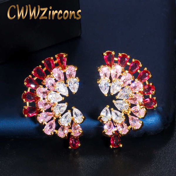 Lindo elegante pavo real gradiente color rosa rojo rosa cúbico circón amarillo oro pendientes grandes para mujeres CZ704 210714