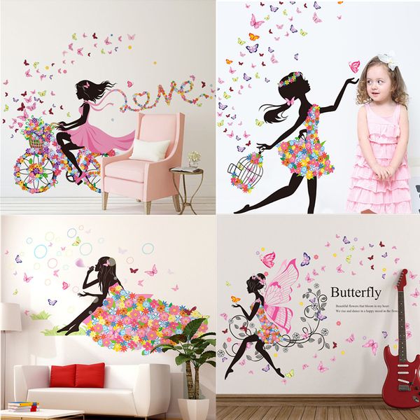 Linda moda Hada mariposa Hada niña sala de estar dormitorio TV Fondo pintura decorativa PVC verde pegatinas de pared papel tapiz