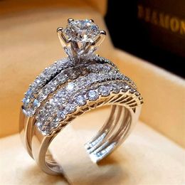 Leuke Vrouwelijke Kristal Witte Diamomd Ring Set Luxe 925 Zilveren Verlovingsring Vintage Bruids Trouwringen Voor Women3372