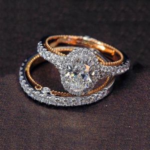Bonito conjunto de anillos redondos de diamantes para mujer, anillo de compromiso de plata 925 de lujo, anillos de boda nupciales Vintage para mujer