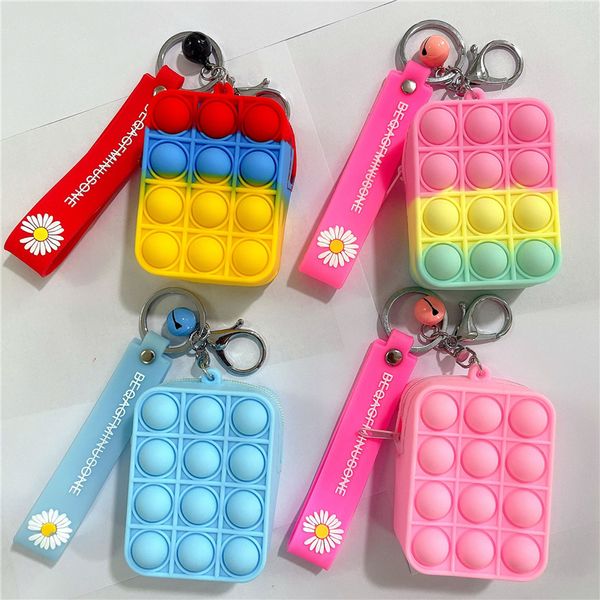 Mignon Fidget Jouets Portefeuille Porte-clés Porte-clés Charmes Simple Fossette Pousser Bulle Anti-stress Adulte Enfants Fleur Coin Sac Sensoriel Squeeze Jouet Noël Halloween Cadeaux