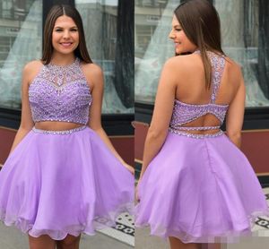 Schattige lavendel homecoming jurken tweedelige juweel nek luxe kralen een lijn backless op maat gemaakte holle afstuderen feestjurken