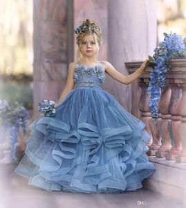 Robes de demoiselle d'honneur mignonnes pour mariage, dentelle Spaghetti, appliques florales, jupes à plusieurs niveaux, robe de concours, robes de fête d'anniversaire pour enfants BC4690