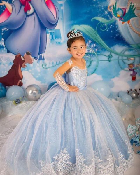 Robes de fille de fleur mignonnes princesse une ligne Illusion à manches longues Appliques en dentelle Satin scintillant moelleux Tulle fille Pageat robes enfant en bas âge formelle fête d'anniversaire porte