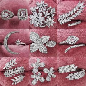Leuke bloem dames luxe ring modieuze onregelmatige 925 zilveren diamanten open ring bruiloft sieraden