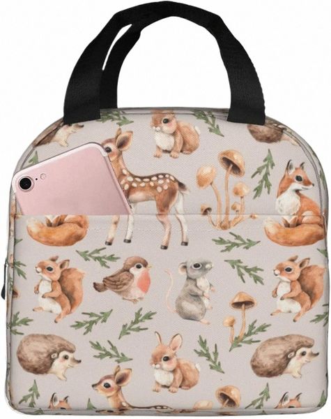 Sac à lunch des animaux de forêt mignon Sac fourre-tout compact Squirrel Deer Fox Hare and Hedgehog Réutilisable Boîte à lunch Clainer pour le travail scolaire R633 #