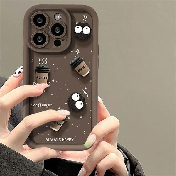 Coque de téléphone en Silicone avec boule de charbon 3D et café, étui mignon et amusant avec dessin animé coréen pour iPhone 11 13 12 14 15 Pro Max 14 15plus