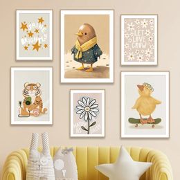 Leuke Grappige Canvas Schilderij Eend Muis Flamingo Tijger Kuiken Muur Kunst Nordic Houtsnijwerk Dieren Posters En Prints Muur Foto Baby Kinderkamer Decor Geen Frame Wo6