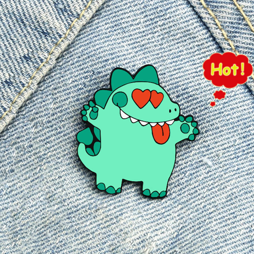 Mignon drôle dessin animé émail Badge vert dinosaure avec coeur yeux broche métal sac à dos Denim chemise épinglettes pour enfants bijoux