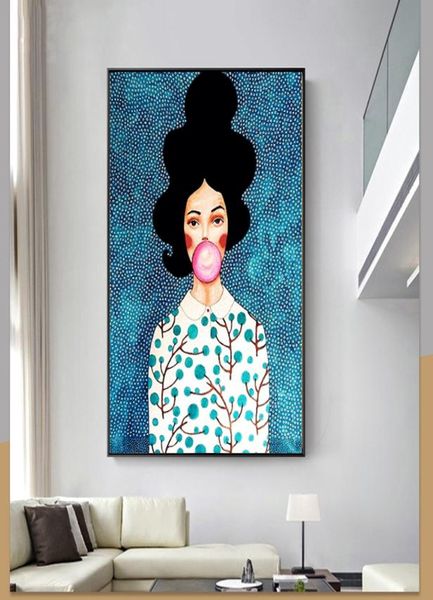 Linda chica soplando balón de lienzo de lienzo nórdico Imágenes de pared de arte impreso para sala de estar Fotos decorativas sin marco9477047