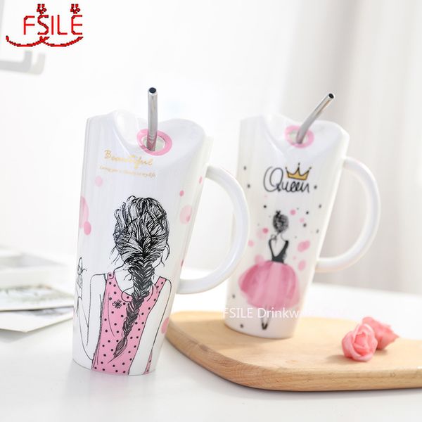 Tasse à café en porcelaine avec paille pour fille, en céramique, 450ml, mignonne, pour femmes, tasses de jus de lait, cadeau d'anniversaire