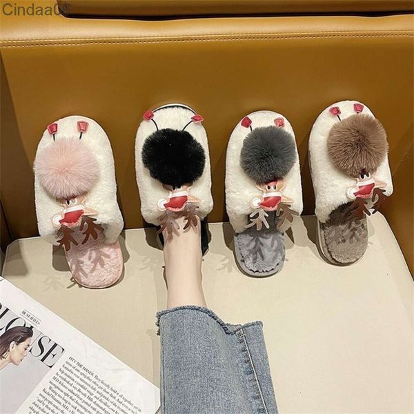 Lindas chanclas de piel para niña, nuevas Zapatillas de casa de invierno, piel plana, pequeño ciervo, estudiante, suela suave, pantuflas cálidas de algodón, zapatos para mujer