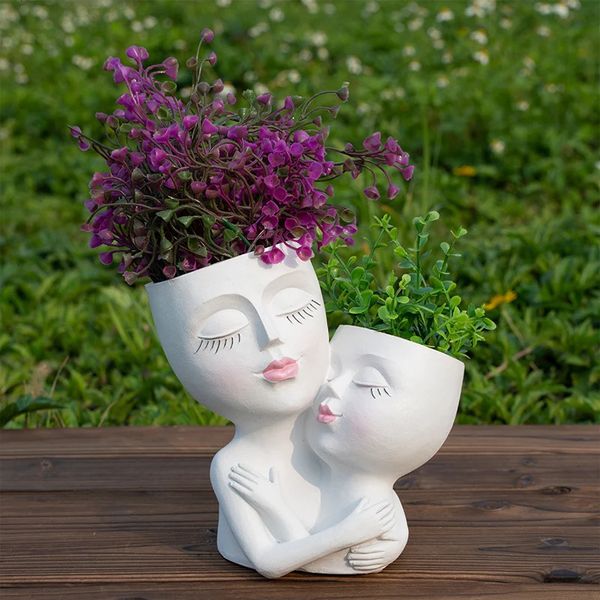 Mignon fille visage humain Vase nordique décoration de la maison créative plante Pot Cube résine Pot de fleurs chambre corps Sculputre bureau étage décor 231225