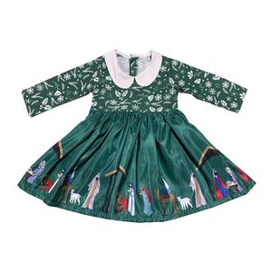 Robe à manches longues pour filles mignonnes, grande jupe, motif vert, col de poupée, design au-dessus du genou, 240326