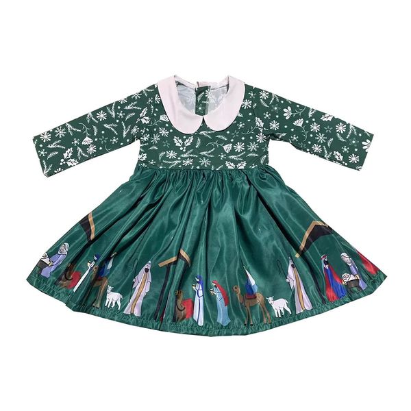 Robe à manches longues pour filles mignonnes, grande jupe, motif vert, col de poupée, design au-dessus du genou, 240326
