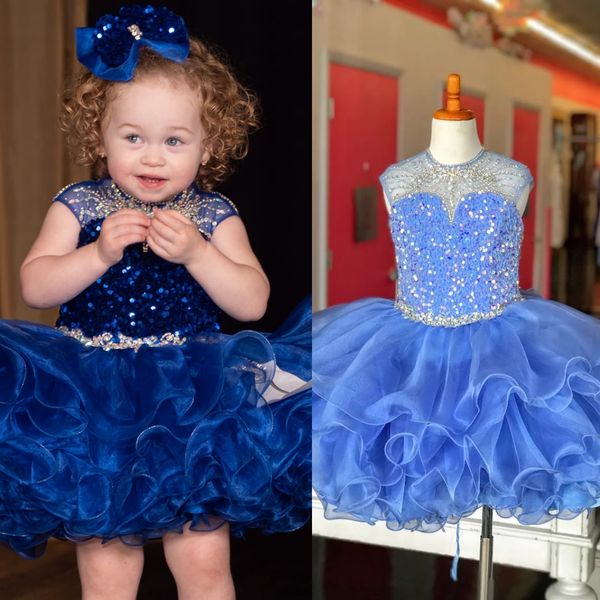 Vestido de desfile Glitz para niña linda 2024 C208 Falda de organza en capas con volantes Vestidos de fiesta para desfile de magdalenas de cristal Niveles para niña pequeña Bebé con cordones Azul real