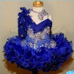 Jolie fille Glitz Pageant robes bleu royal dentelle perles cristal Pageant robes de soirée fille niveaux enfant en bas âge