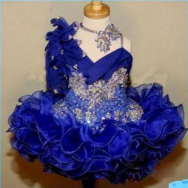Glitz Pageant Robes De Fille Mignonne Bleu Royal Dentelle Perles Cristal Pageant Robes De Soirée Fille Tiers Toddler255u