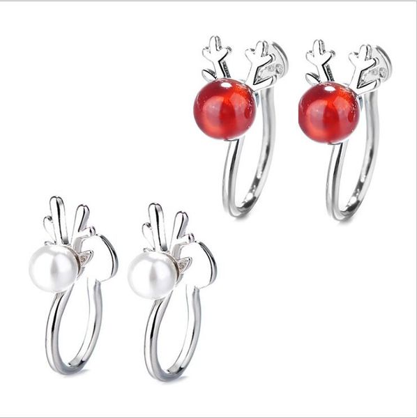 Jolies filles wapiti bois boucles d'oreilles perle douce grenat naturel oreille Clip femmes sans percé cerf corne boucles d'oreilles cadeau de noël