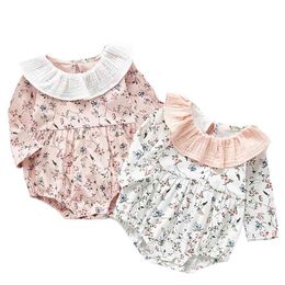 Schattige meisjes bodysuit lange mouw bloemen kleine bloem kraag uit een stuk klimplant baby meisje geboren kleding 210417