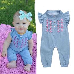 Mignon filles denim barboteuse infantile nouveau-né broderie combishort combinaison corps costume été bébé fille vêtements 210315