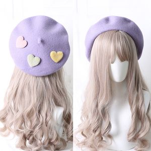 Cute Girls Kawaii Little love Beret Sweet Lolita Headwear Purple Beanies Hat hecho a mano lana fieltro mujeres boina al por mayor