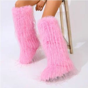 Jolies filles rose kaki bleu synthétique peluche frangée fourrure bout rond genou haute plat bottes de neige femmes réchauffant hiver bottes longues chaussures