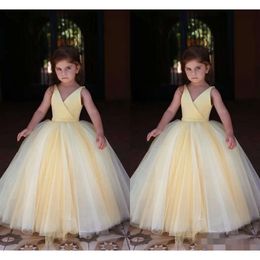 Schattige meiden satijnen gele jurken bloem 2019 tule riemen mouwloze kinderen formele slijtage pageant prinses verjaardagsfeestje baljurk