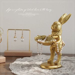 Mignon lapin doré Figurine bijoux anneau plateau décoratif lapin de Pâques Statue résine Animal Sculpture maison Table bureau ornement 240325