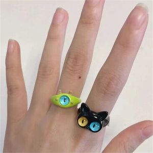 Bonitos anillos de monstruo verde para mujer, anillo abierto de dos colores con ojos de gato a la moda para mujer, accesorios para dedos de boda, joyería GC2063