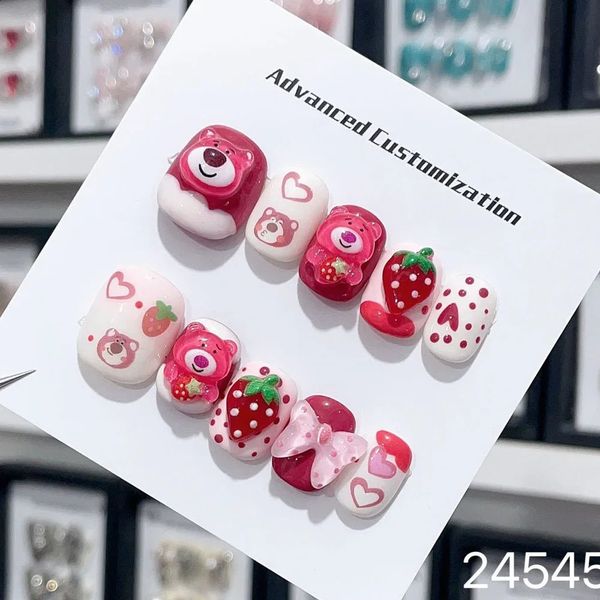 Lindas uñas postizas hechas a mano, pintura a mano rosa corta, diseño Kawaii 3d, uñas postizas adhesivas reutilizables, manicura artificial acrílica para niñas 240129