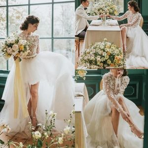 Lindos vestidos de novia con cuello bajo en la joya de alta joya Vestido para mujeres Apliques de encaje