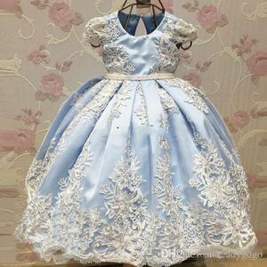 Mignon Ice Blue Lace Flower Girls Robes Jewel Neck Cap Sleeves Bow Knot Satin Girl's Pageant Robes Kids Prom Party Dress Wedding Party