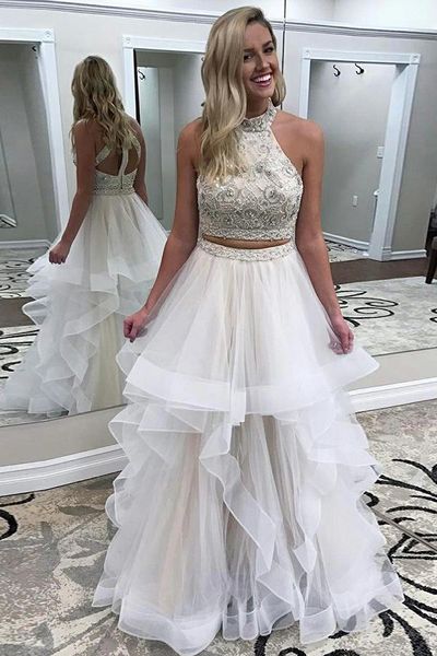 Jolie couleur ivoire deux pièces robe de bal mode licou perles dos nu événement porter robe de soirée pour les adolescents sur mesure, plus la taille disponible