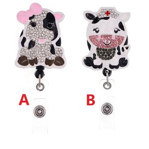 Mignon Key Ring Animal Cow Rhingestone Retractable ID Holder pour infirmier nom accessoires Reel de badge avec Alligator Clip203F