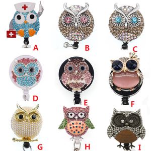 Leuke sleutelringen Owl Dier Rhinestone Intrekbare ID Houder voor Netje Naam Accessoires Badge Reel met Alligator Clip